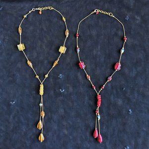2 Pc Glass & Wire Vintage Look Necklace Red Yellow Antiqued Gold Tone Retro Boho